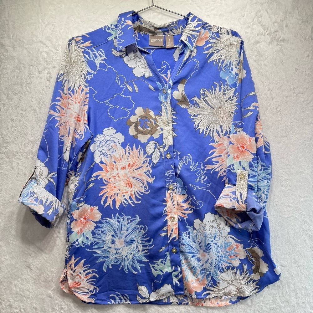 Chico’s Cobalt Blue Floral Button Front Blouse V Neck Roll Up Long Sleeves 1/M